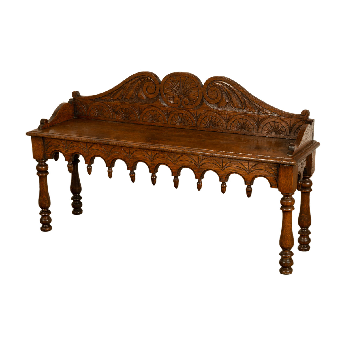 Antique English 19th Century Victorian Carved Oak Hall Window Seat Bench 1890