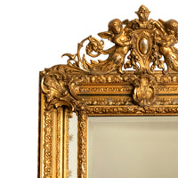 Antique French Giltwood Neoclassical Rococo Mirror Etched Stars Cherubs 1870