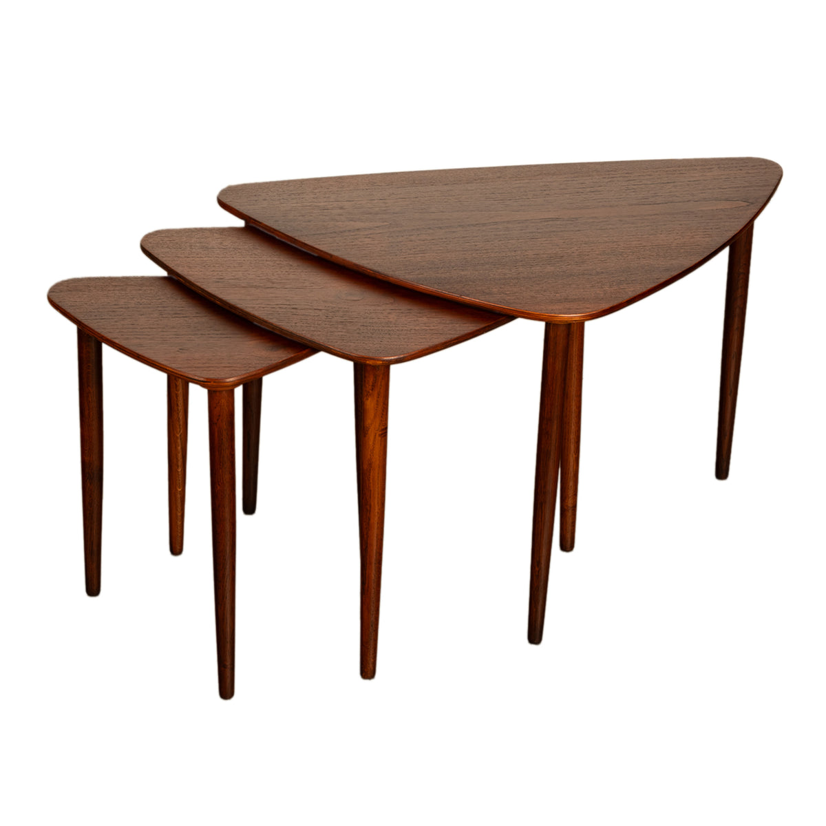 Danish Teak Mid Century Modern 'Guitar Pick' set of 3 Nesting Tables by Mogens Kold Mobelfabrik 1960s