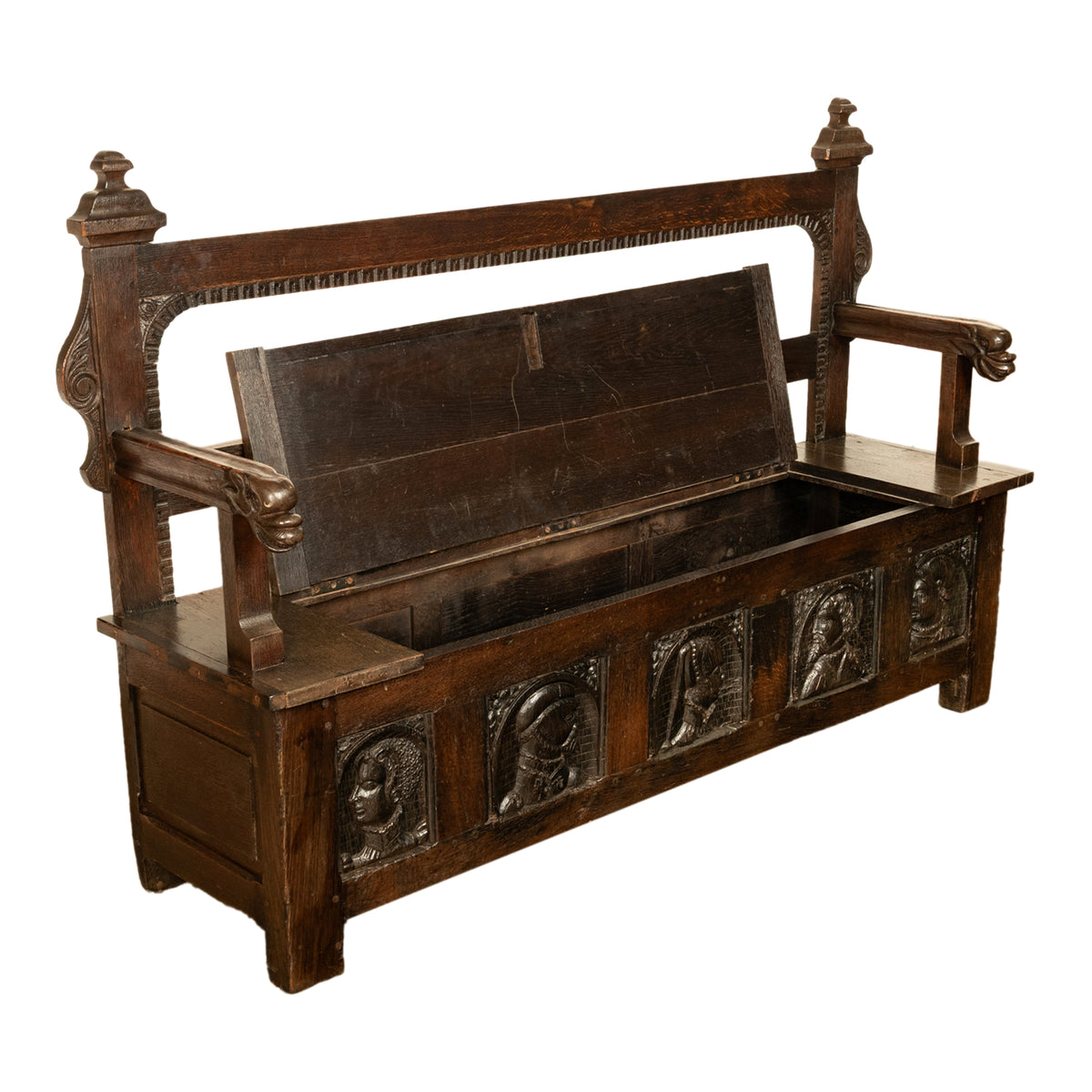 Antique French Brittany Carved Oak Bench with 16th Century Portrait Panels 1560