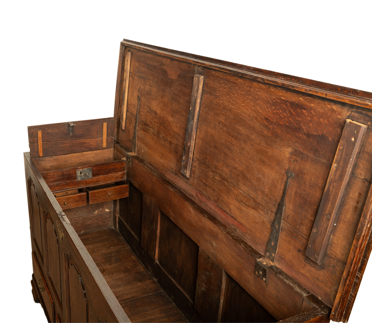 Antique Early Georgian Large 4 Panel 3 Drawer Hinged Top Mule Chest Coffer 1740