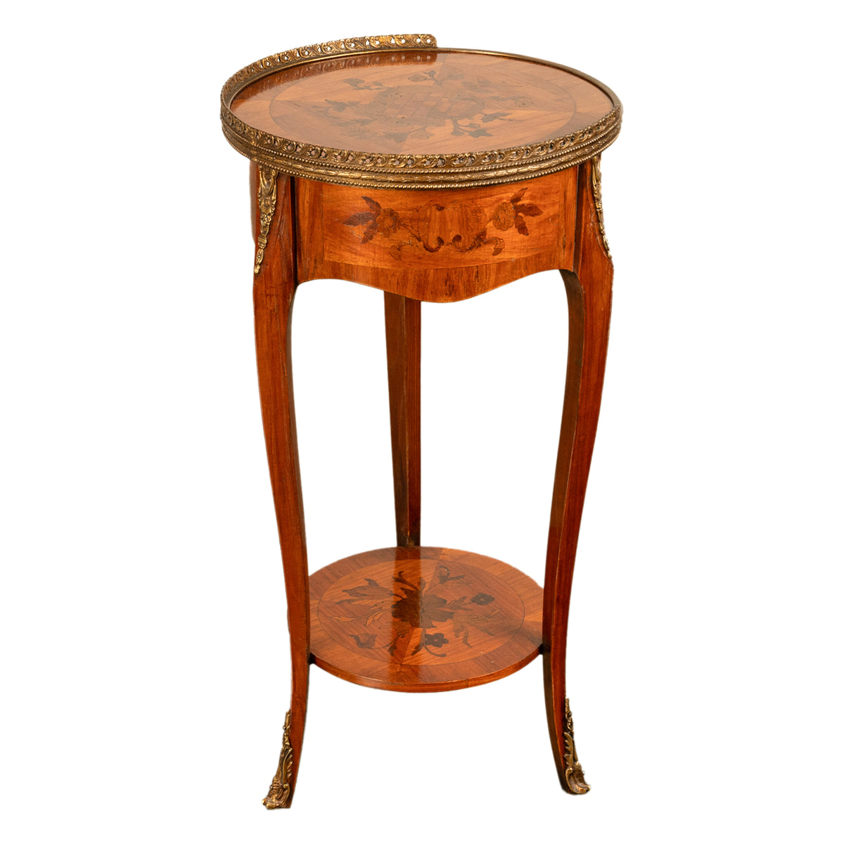 Antique French Louis XV Walnut & Ormolu Marquetry Circular Side Table Stand 1890