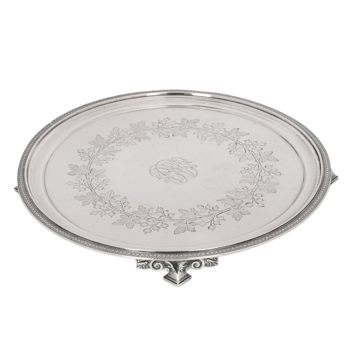Antique Engraved Sterling Silver Tiffany & Co Footed Salver Tray New York 1870