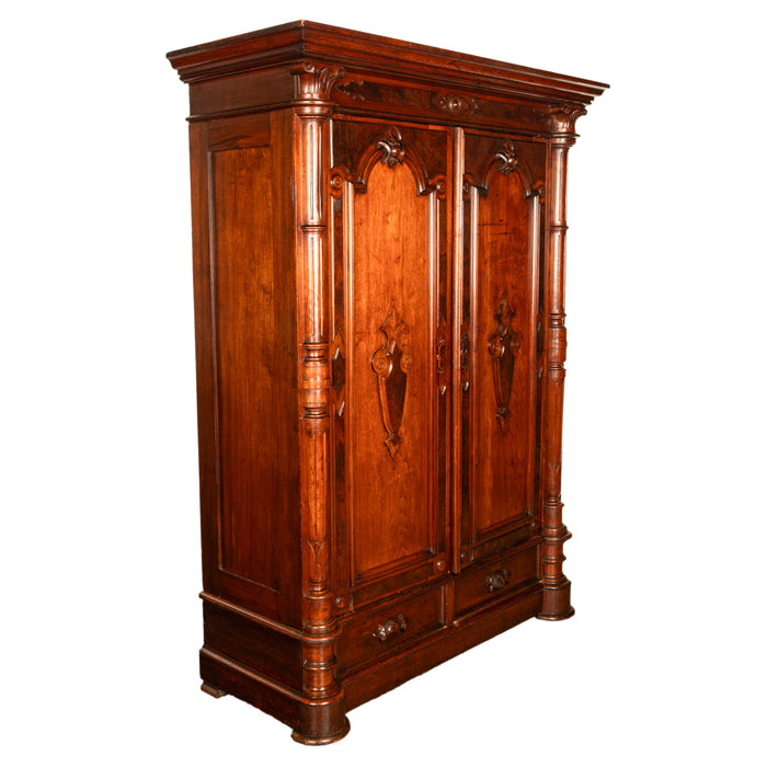 Antique American Renaissance Revival Carved Walnut Victorian Armoire Wardrobe New York 1870