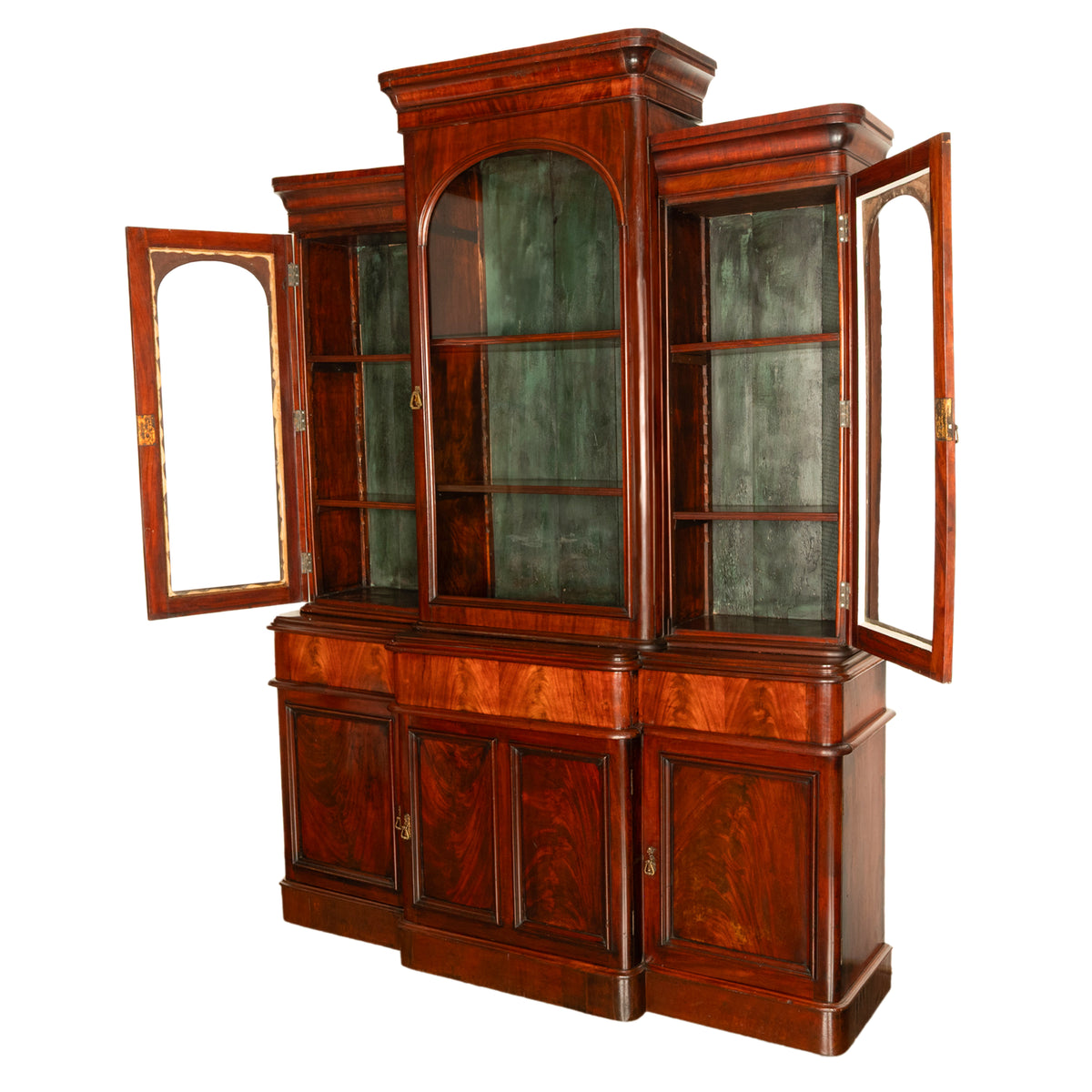 Antique 19th Century Large Breakfront Flame Mahogany Bookcase Bibliotheque 1850