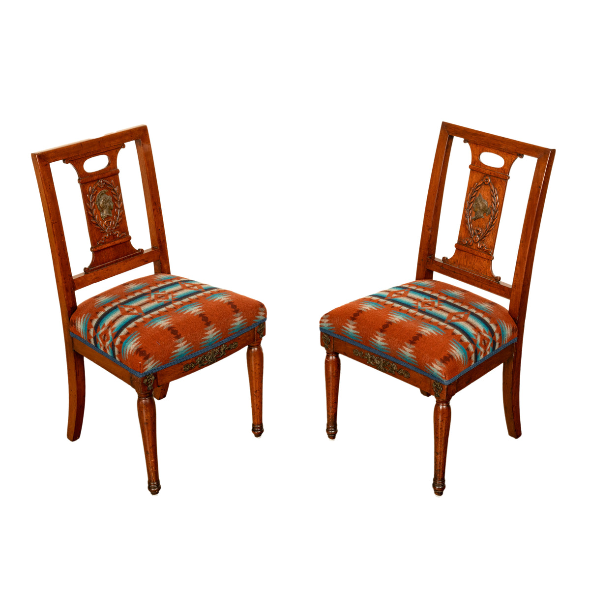 Pair Antique French Restauration His & Hers Greco-Roman Chairs Pendleton Fabric