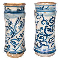Pair Antique 17th Century Spanish Blue & White Pottery Albarelli Apothecary Jars 1680