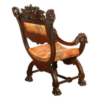 Antique Italian Hand Carved Walnut Renaissance Dragon & Knight Throne Chair 1880