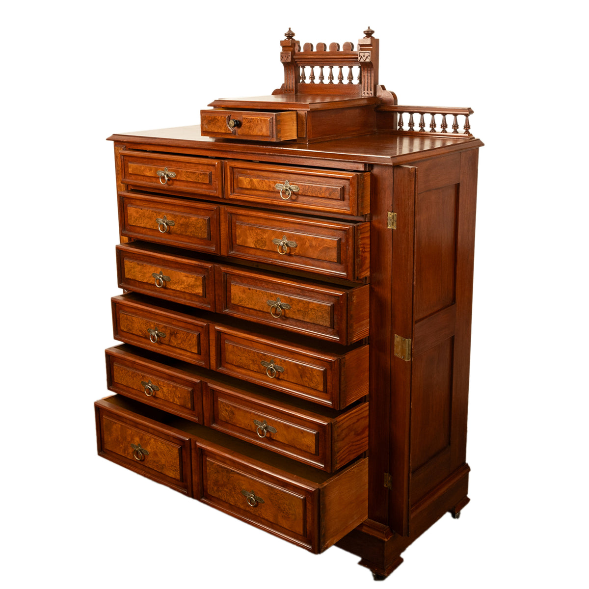 Antique American Burl Walnut Lock Side Eastlake Highboy Chest of Drawers 1870