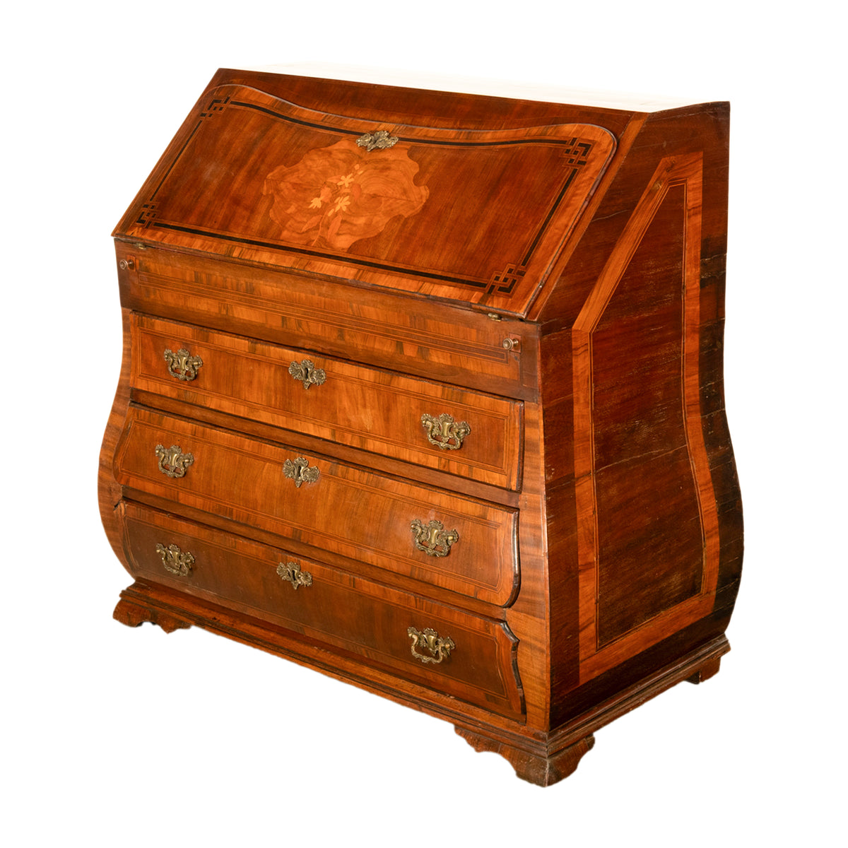 Antique Dutch Rococo Inlaid Marquetry Walnut Bombe Secretary Desk Bureau 1780