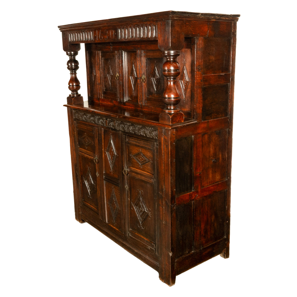 Antique English 17th Century Jacobean Charles I Carved Oak Court Cupboard Cabinet 1630