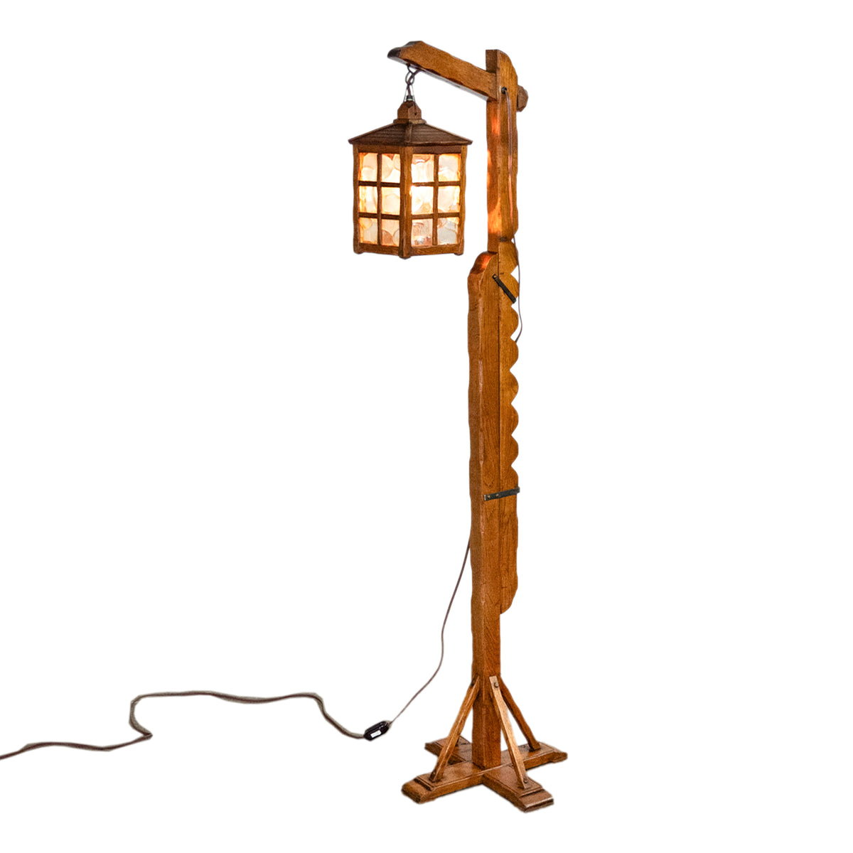 Antique Mission Arts Crafts Carved Oak Adjustable Floor Lamp Glass Lantern 1930