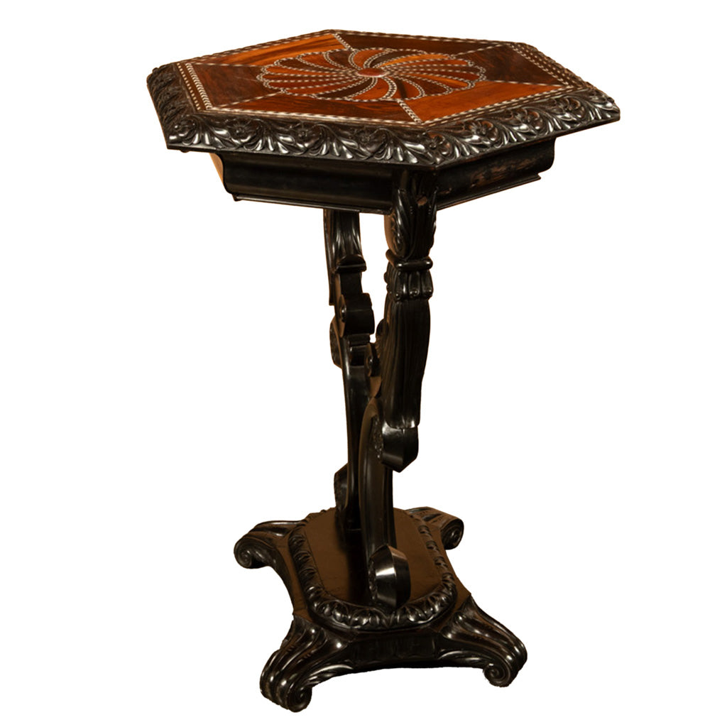 Antique Ceylonese Carved Rosewood Ebony Ivory Silver Specimen Inlaid Table 1850