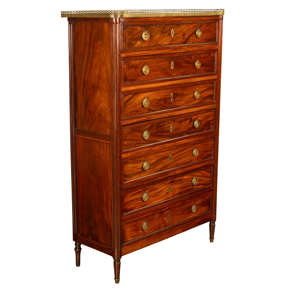 Tall Antique 19thC French Louis XVI Semainier Mahogany Marble Chest Drawers 1880
