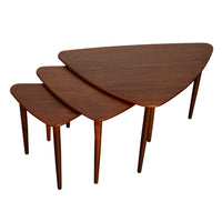 Danish Teak Mid Century Modern 'Guitar Pick' set of 3 Nesting Tables by Mogens Kold Mobelfabrik 1960s