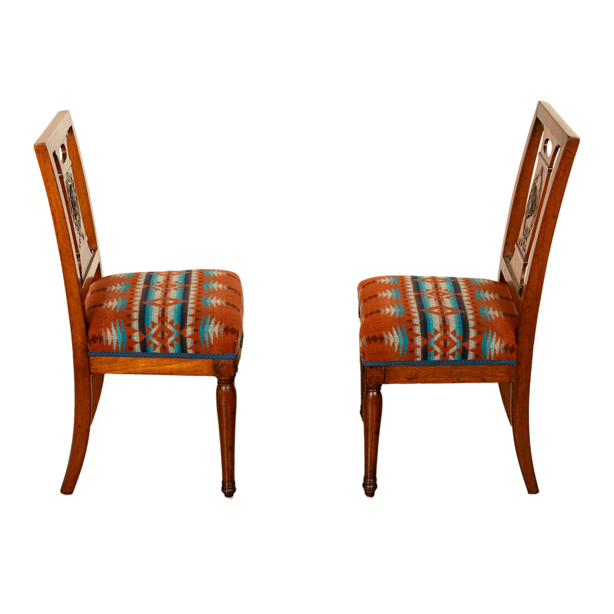 Pair Antique French Restauration His & Hers Greco-Roman Chairs Pendleton Fabric