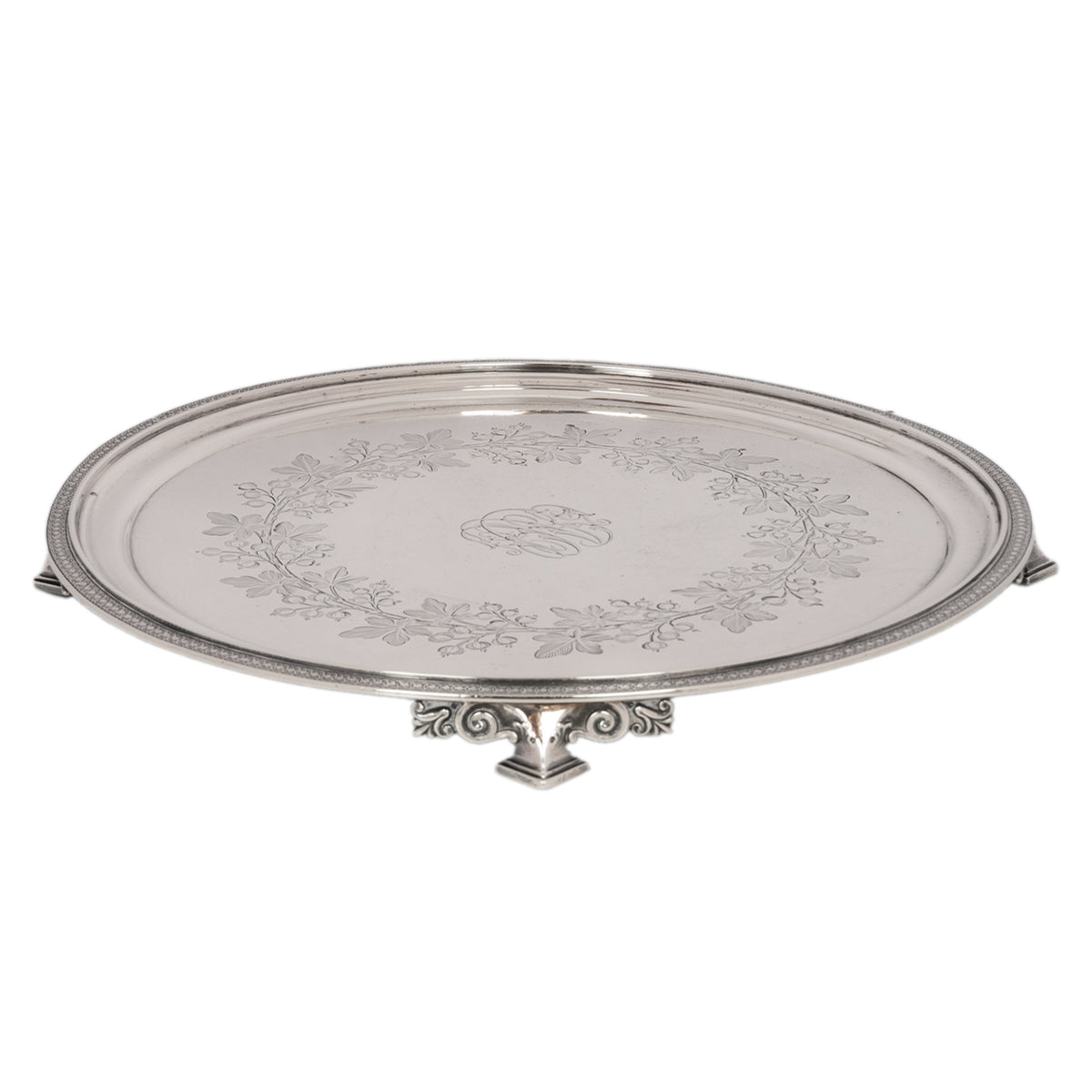Antique Engraved Sterling Silver Tiffany & Co Footed Salver Tray New York 1870