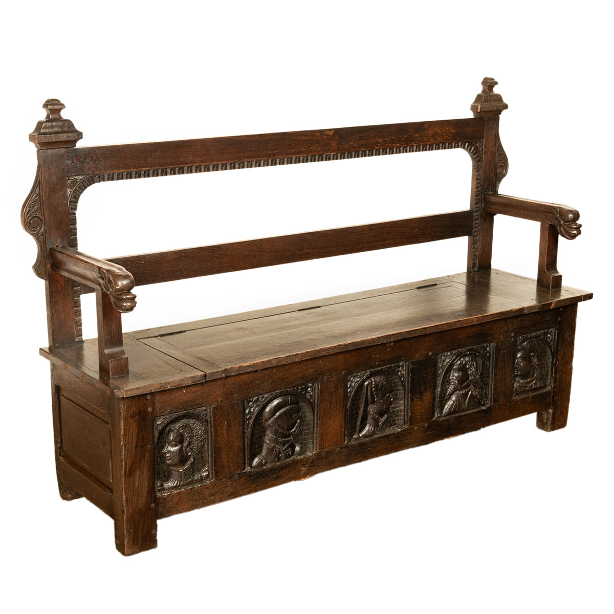 Antique French Brittany Carved Oak Bench with 16th Century Portrait Panels 1560