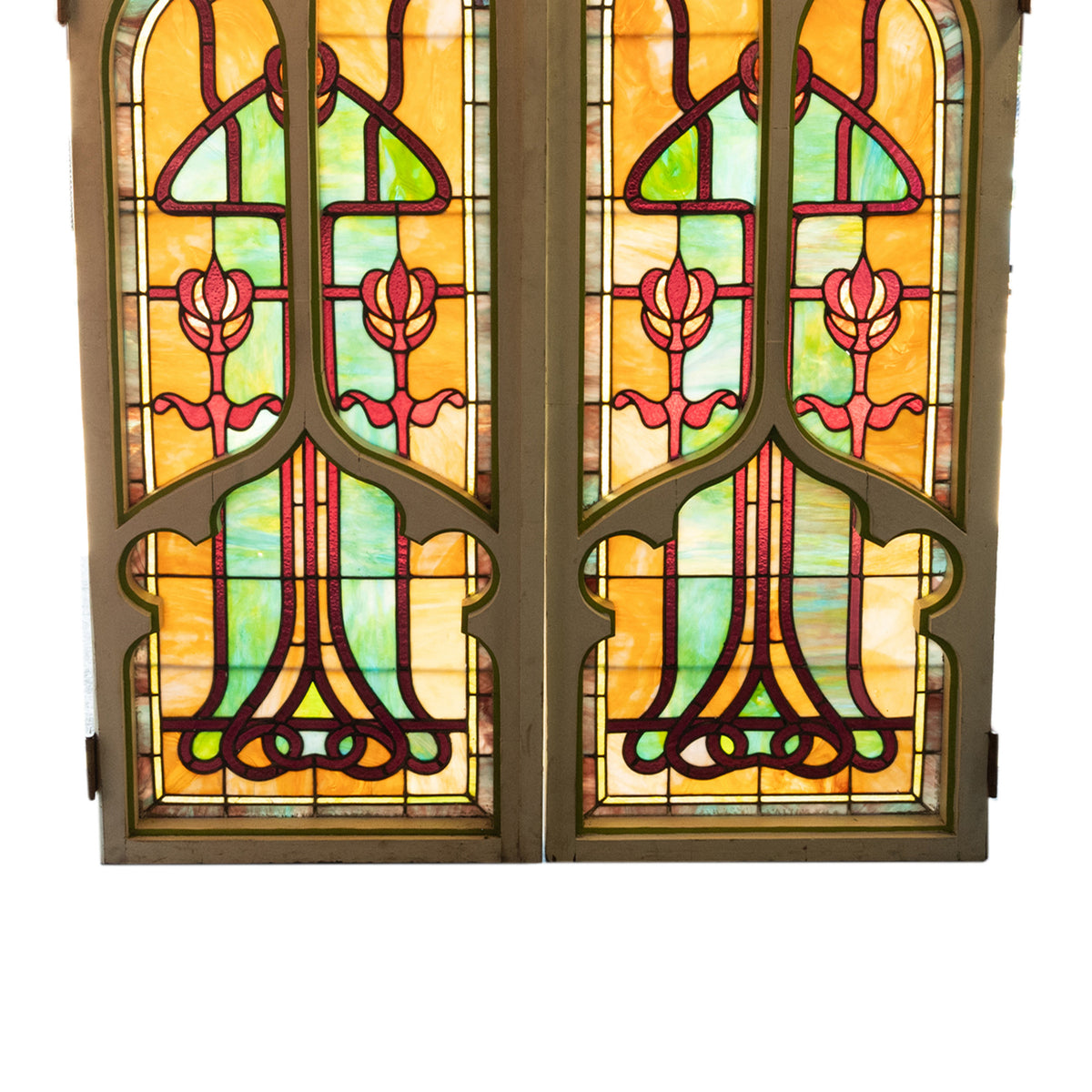 Pair Antique American Stained Glass Gothic Art Nouveau Doors Windows Povey Bros Circa 1900