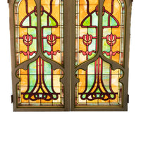 Pair Antique American Stained Glass Gothic Art Nouveau Doors Windows Povey Bros Circa 1900