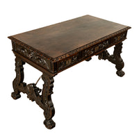 Antique Spanish Baroque Hand-Carved Walnut & Iron Trestle Desk & Chair 1860