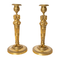 Pair Antique Early 19thC French Empire Neoclassical Gilt Bronze Candlesticks