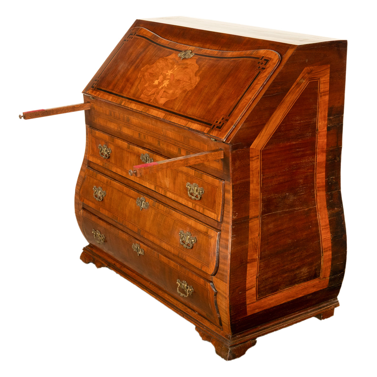 Antique Dutch Rococo Inlaid Marquetry Walnut Bombe Secretary Desk Bureau 1780