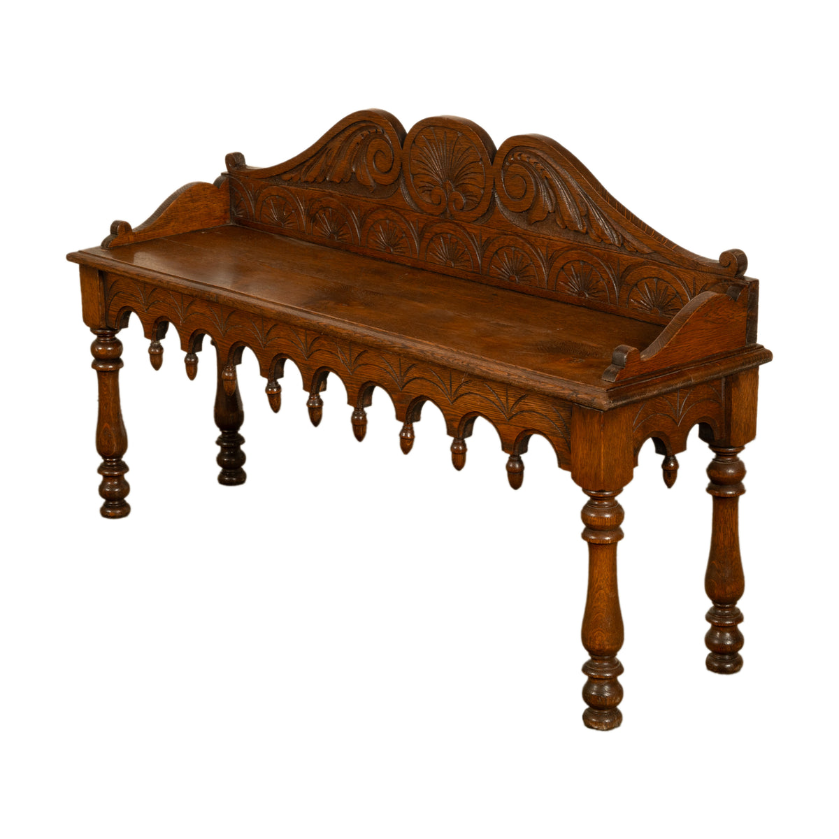 Antique English 19th Century Victorian Carved Oak Hall Window Seat Bench 1890