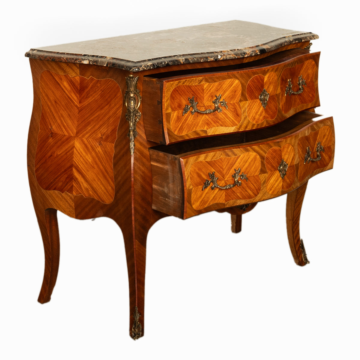 Antique French Louis XV Marble Top Ormolu Bombe Shape Inlaid Tulip-Wood Commode 1900