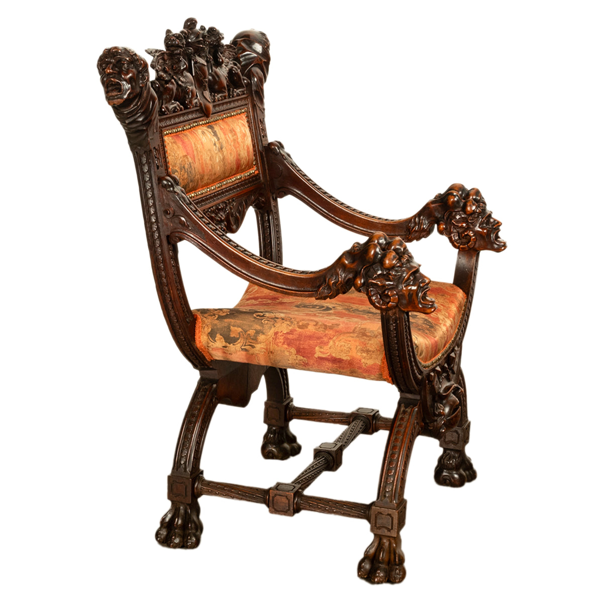 Antique Italian Hand Carved Walnut Renaissance Dragon & Knight Throne Chair 1880