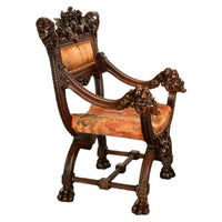 Antique Italian Hand Carved Walnut Renaissance Dragon & Knight Throne Chair 1880