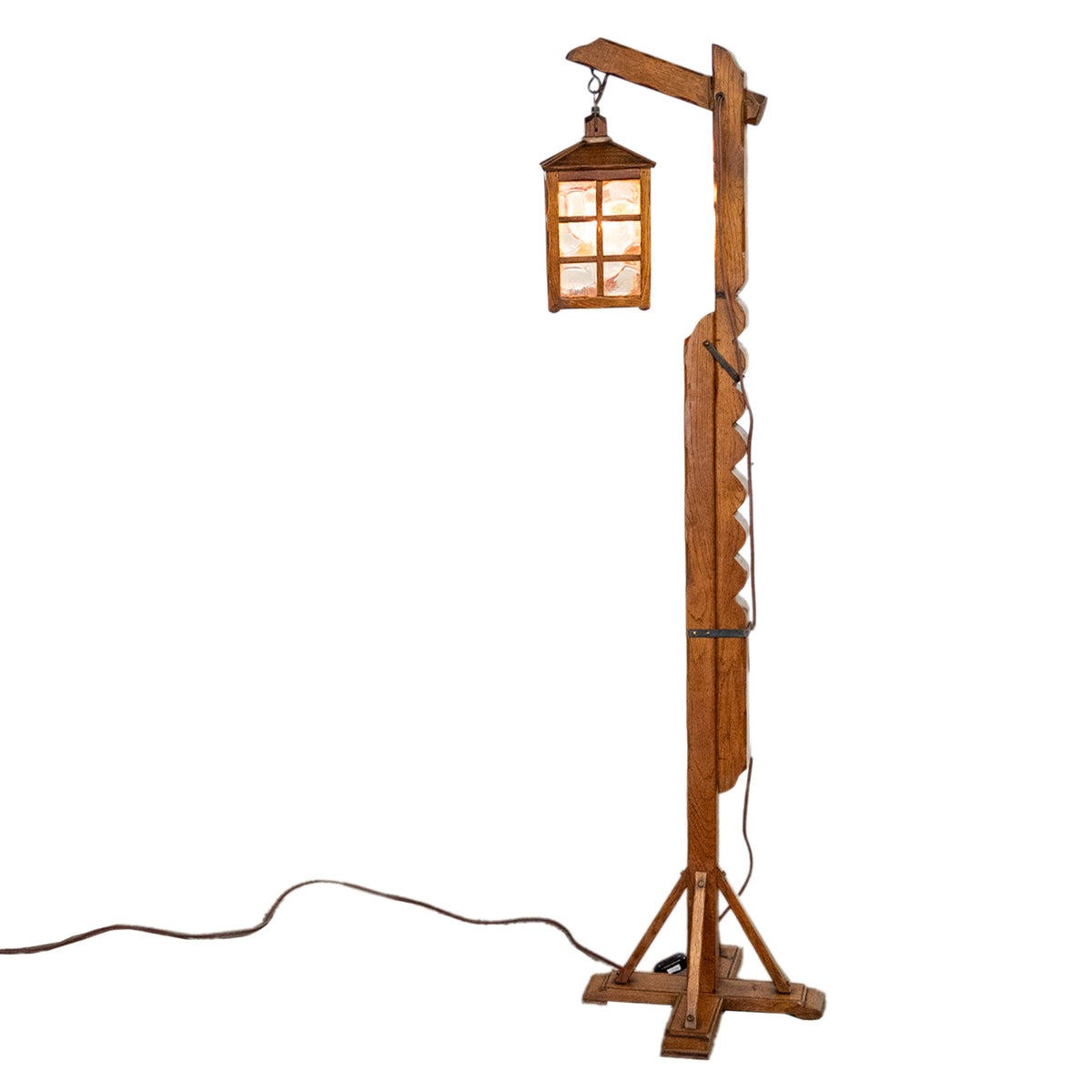 Antique Mission Arts Crafts Carved Oak Adjustable Floor Lamp Glass Lantern 1930