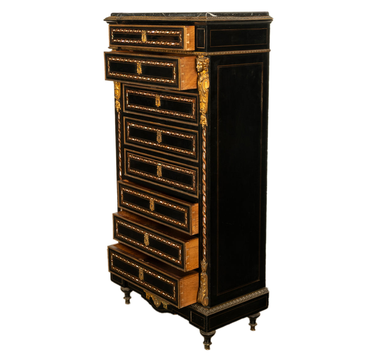 Antique French Napoleon III Mother-Of-Pearl Inlaid Ormolu Marble Top Secretaire Desk Chest 1860