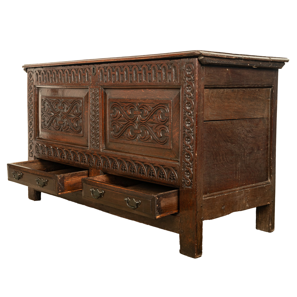 Antique English 17th Century King Charles II Carved Oak Coffer Mule Chest 1680