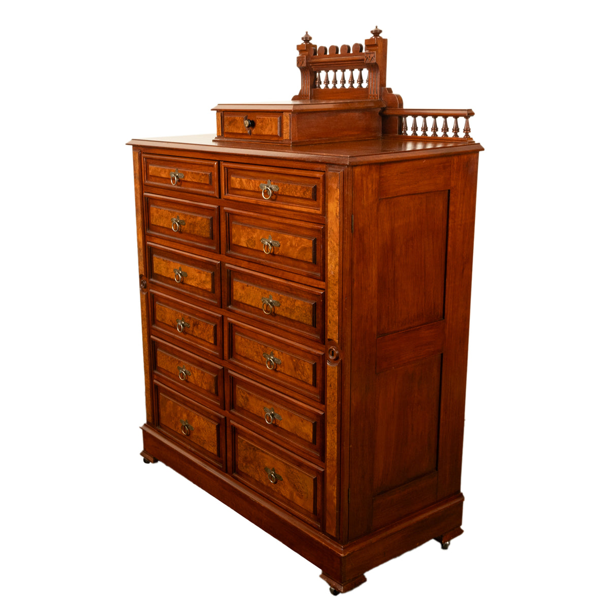 Antique American Burl Walnut Lock Side Eastlake Highboy Chest of Drawers 1870