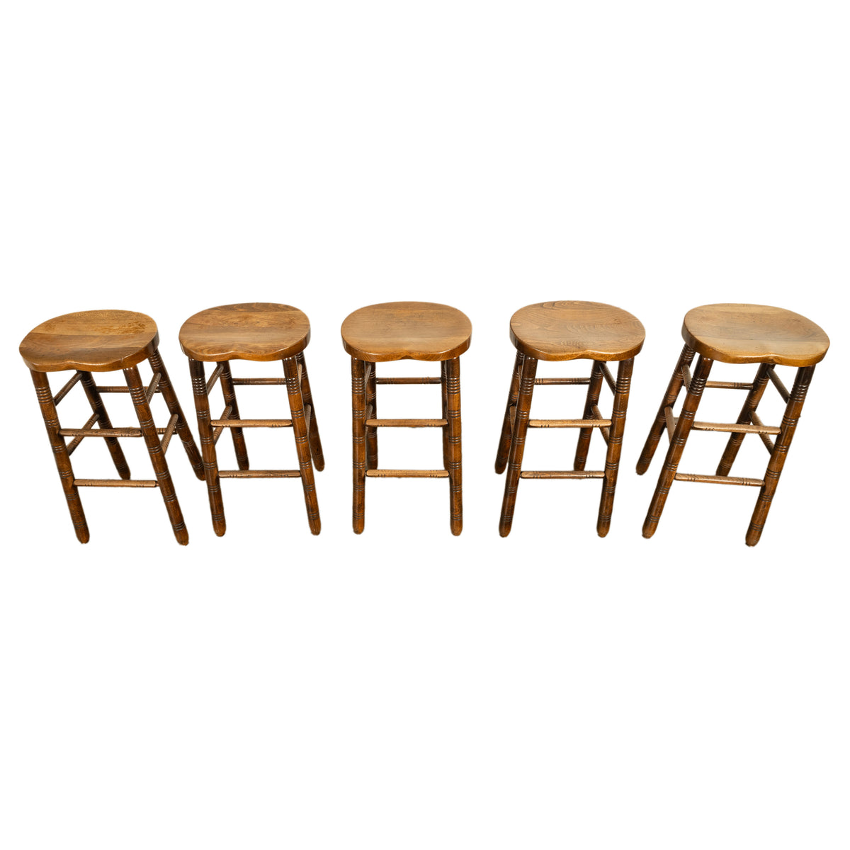 Antique Set of Five Antique Arts & Crafts Turned Elm Bar Sadle Seat Stools 1900