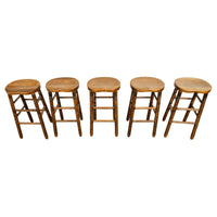 Antique Set of Five Antique Arts & Crafts Turned Elm Bar Sadle Seat Stools 1900