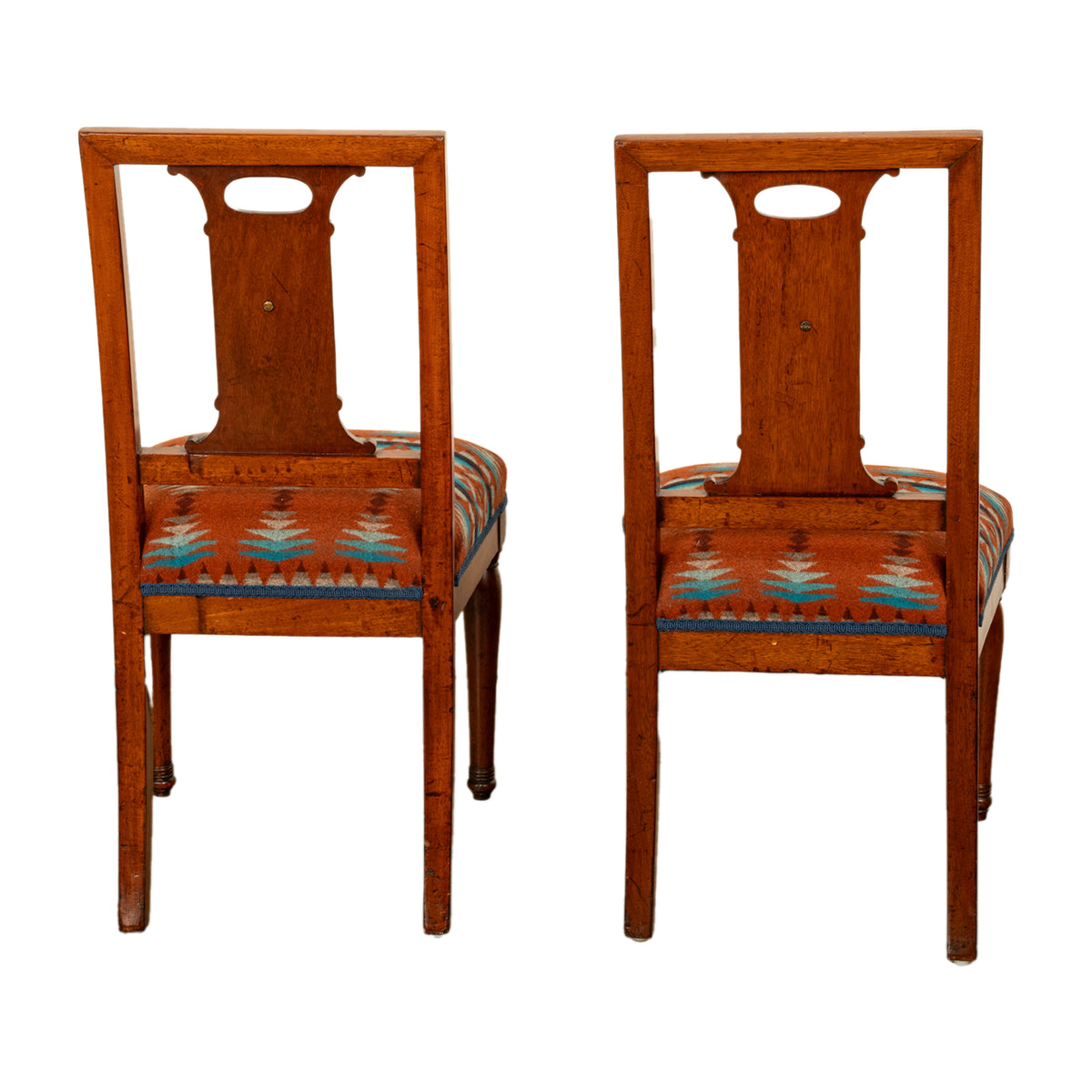 Pair Antique French Restauration His & Hers Greco-Roman Chairs Pendleton Fabric