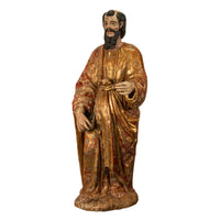 Antique 18th Century Spanish Colonial Lifesize Saint Paul Carved Estofado Statue Santo 1750