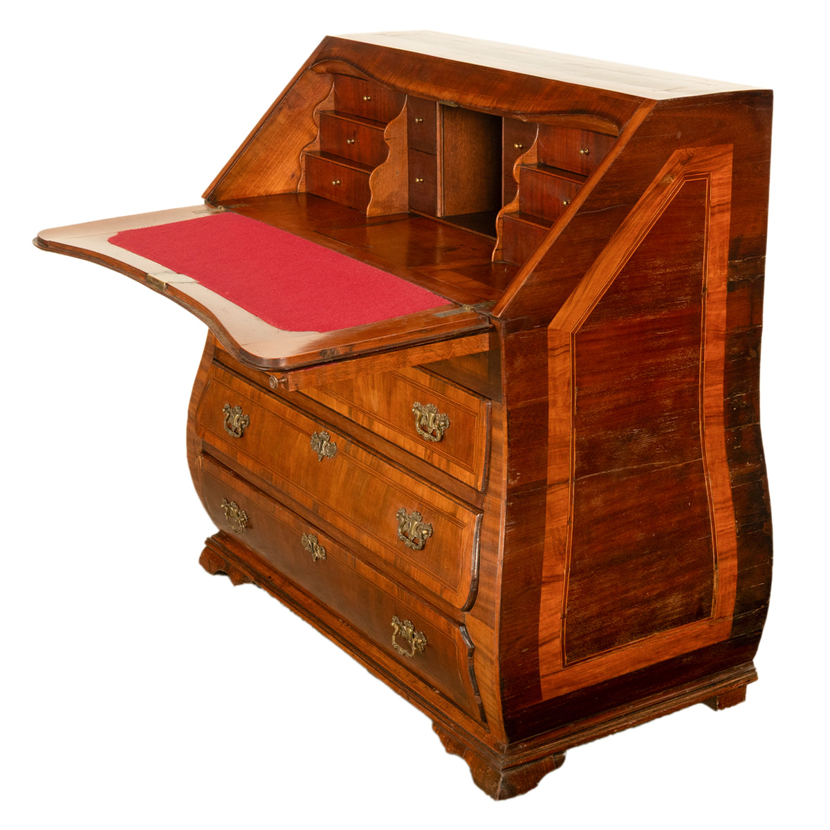 Antique Dutch Rococo Inlaid Marquetry Walnut Bombe Secretary Desk Bureau 1780