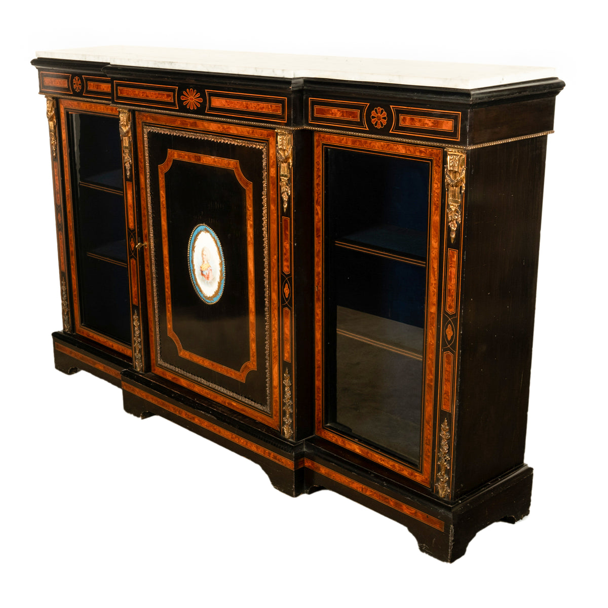Antique French Napoleon III Ebony Ormolu Marble Sevres Porcelain Inlaid Credenza Cabinet 1860