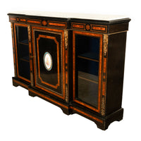 Antique French Napoleon III Ebony Ormolu Marble Sevres Porcelain Inlaid Credenza Cabinet 1860