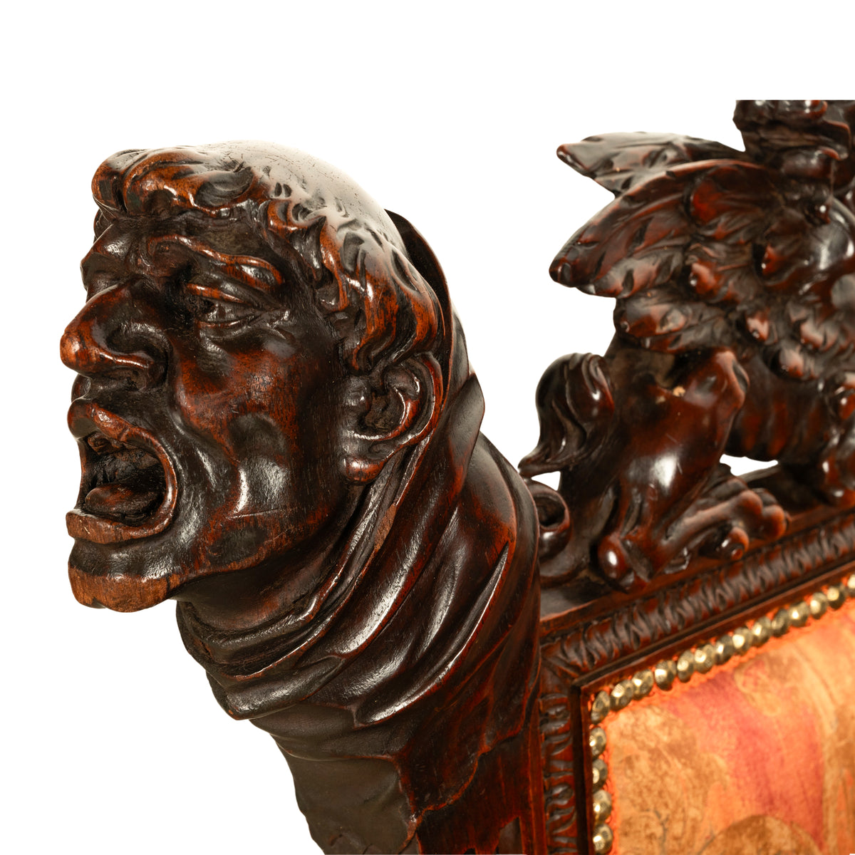 Antique Italian Hand Carved Walnut Renaissance Dragon & Knight Throne Chair 1880