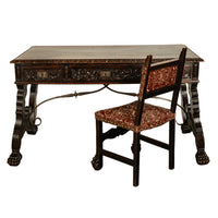 Antique Spanish Baroque Hand-Carved Walnut & Iron Trestle Desk & Chair 1860