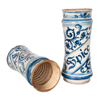 Pair Antique 17th Century Spanish Blue & White Pottery Albarelli Apothecary Jars 1680