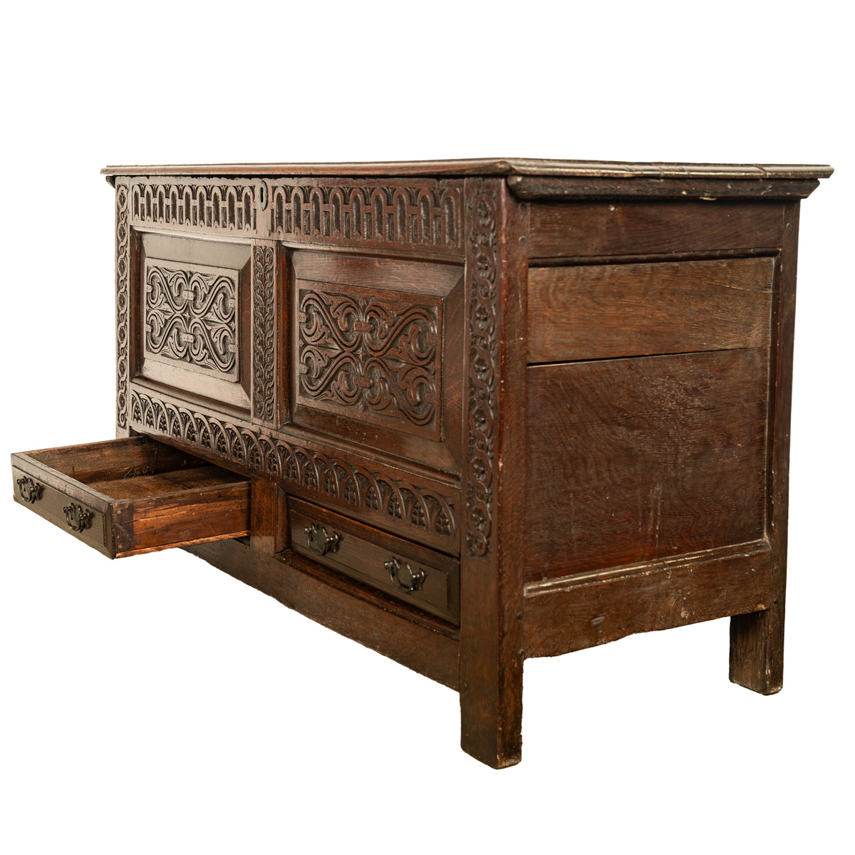 Antique English 17th Century King Charles II Carved Oak Coffer Mule Chest 1680