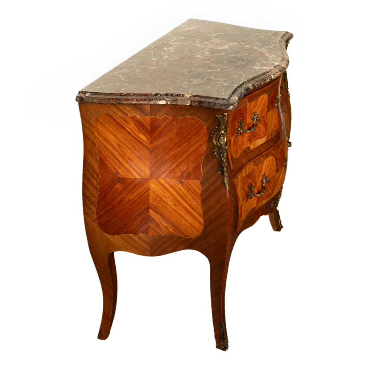 Antique French Louis XV Marble Top Ormolu Bombe Shape Inlaid Tulip-Wood Commode 1900