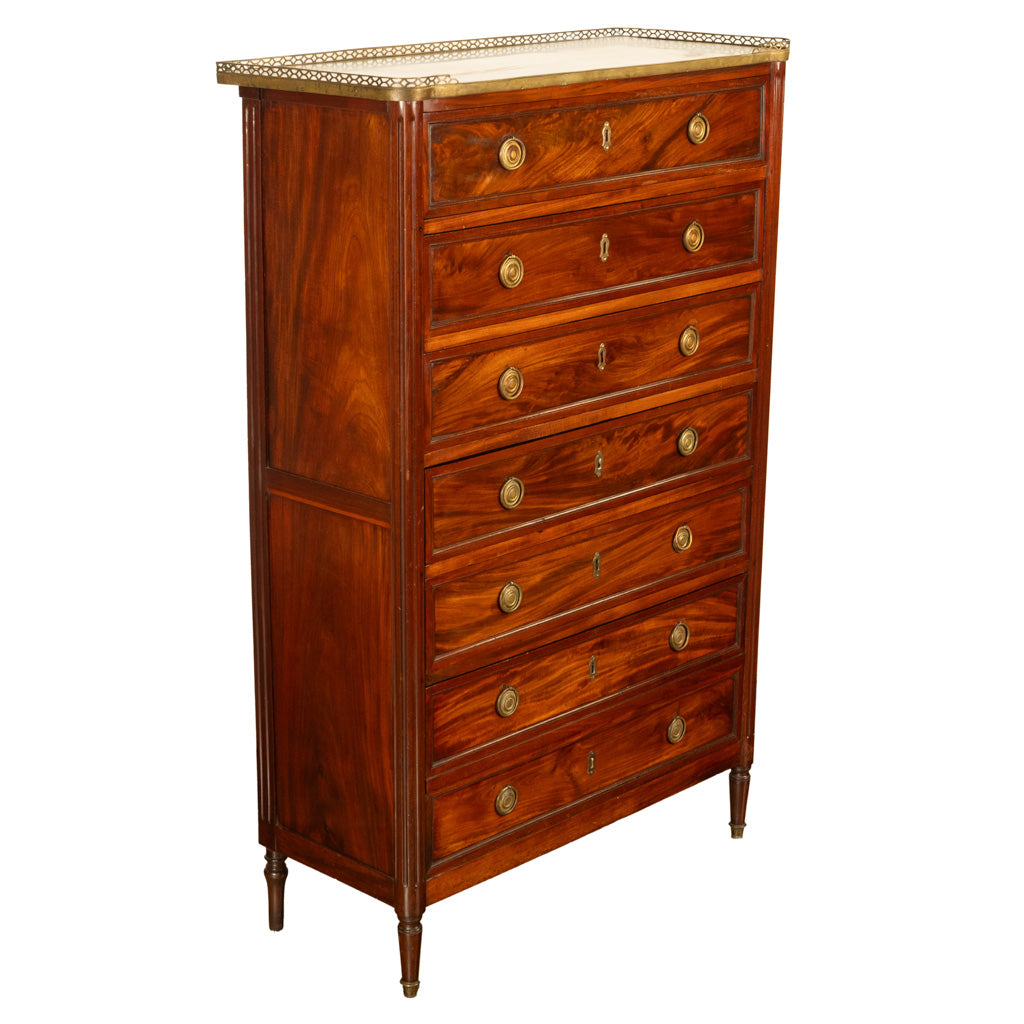 Tall Antique 19thC French Louis XVI Semainier Mahogany Marble Chest Drawers 1880