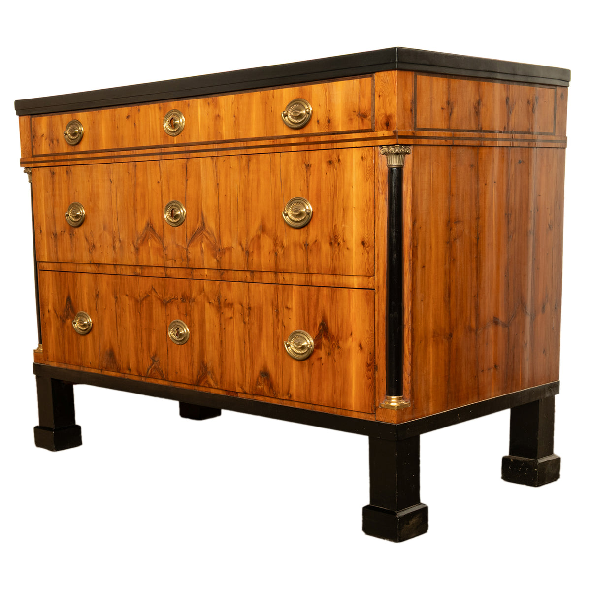 Antique Austrian Biedermeier Walnut Ebony Gilt Bronze Chest Drawers Commode 1820