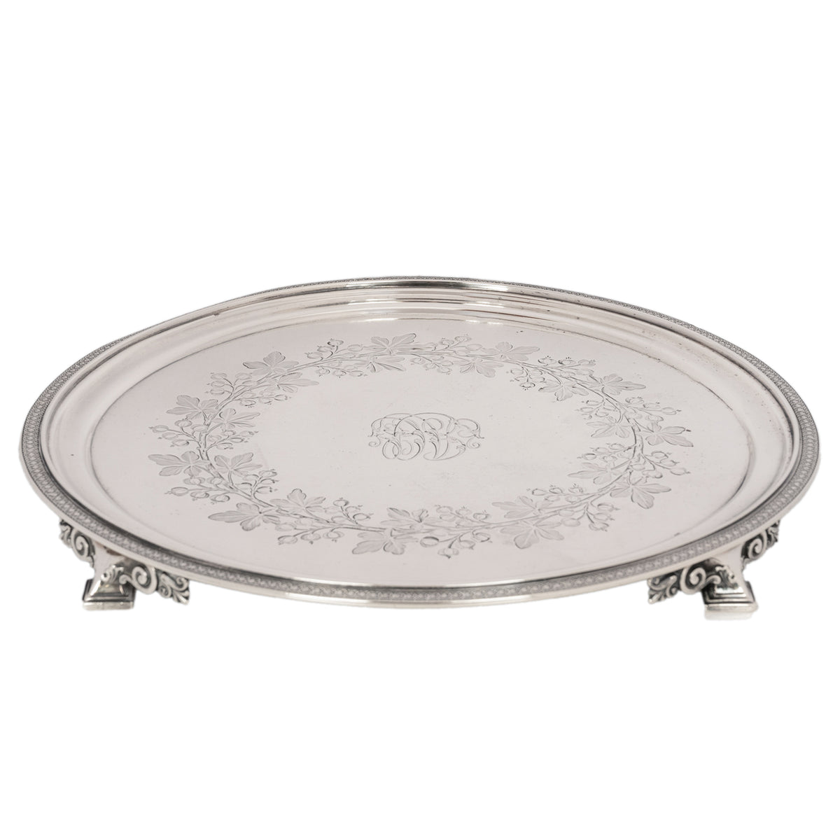 Antique Engraved Sterling Silver Tiffany & Co Footed Salver Tray New York 1870